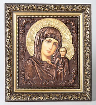 Икона Божией Матери «Казанская» 24х30, в багетной рамке, фото, риза №17, золочение, патинирование