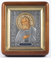 Икона в киоте 11х13 фигурный, темпера, риза, никель, эмаль Серафим Саровский