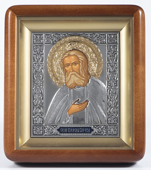 Икона в киоте 11х13 фигурный, темпера, риза, никель, эмаль Серафим Саровский