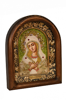 Икона "Богородица Умиление" ручная работа из бисера и полудрагоценных камней, в деревянном киоте, стекло