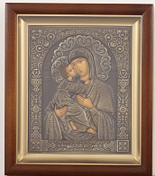 Икона в киоте 15х19 сложный, темпера, риза патинированая Владимирская БМ