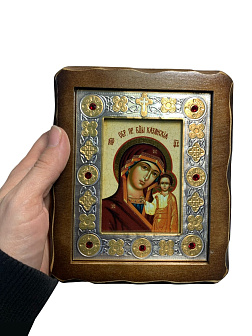 Венчальные иконы Спаситель и Казанская со вставкой металл на дереве под старину Византикос 13х15