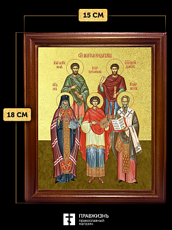 Икона собор целителей и чудотворцев с золочением, деревянная рамка со стеклом 15х18х2 см 1133