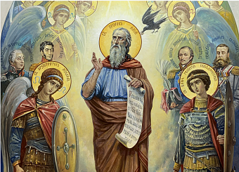 Флаг 048 Пророк Илия, Архистратиг Михаил, Георгий победоносец с предстоящими полководцами, 90х135 см, материал сетка для улицы Флаг 048 Пророк Илия, Архистратиг Михаил, Георгий победоносец с предстоящими полководцами, 90х135 см, материал сетка для улицы