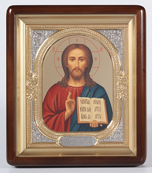 Икона в киоте 18х24 фигурный, темпера №8, риза-рамка объемная, открытая, золочёная, никелирование Спаситель 1
