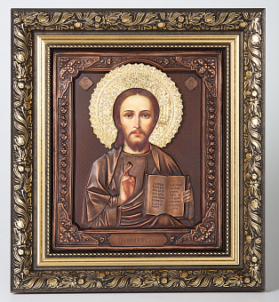 Икона Спасителя 24х30, в багетной рамке, фото, риза №192, золочение, патинирование