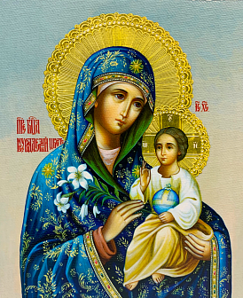 Икона Неувядаемый Цвет Божия Матерь на холсте в киоте 165 Икона Неувядаемый Цвет Божия Матерь на холсте в киоте 165