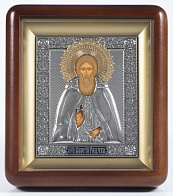 Икона в киоте 11х13 фигурный, темпера, риза, никель, эмаль Сергий Радонежский
