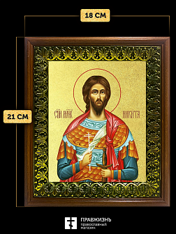 Икона Никита Готфский мученик с золочением, деревянная рамка с басмой и стеклом 18х21х2,5 см 109