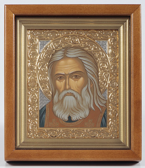 Икона в киоте 12х14 сложный №2 темпера, никель, золочение Серафим Саровский