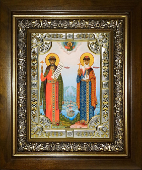 Икона Петр и Феврония святые благоверные князья в деревянном киоте Икона Петр и Феврония святые благоверные князья в деревянном киоте