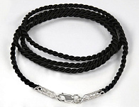 Шнурок шелковый крученый цветной, с серебряной застёжкой - черный шелк, серебро 925 пробы