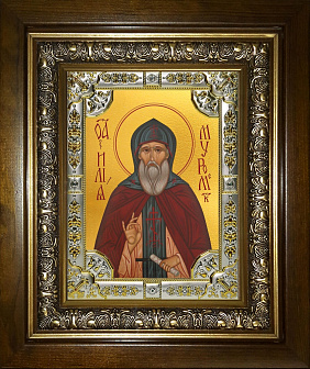 Икона освященная Илия Муромец преподобный в деревянном киоте