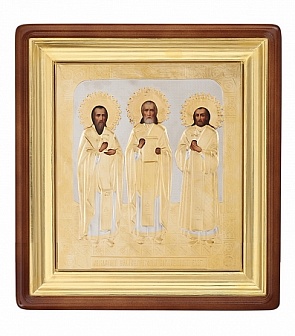 Икона Три святителя. ВАСИЛИЙ Великий, ГРИГОРИЙ Богослов и ИОАНН Златоуст (РУКОПИСНАЯ, КИОТ, РИЗА)