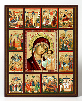 Икона на доске 40х50 объемная печать, лак Казанская с праздниками