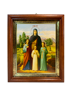 Именная икона Вера Надежда Любовь и София Римские с деревьями на холсте в киоте 044