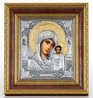 Икона живописная в киоте 24х30 масло, риза №88, черненое серебрение, киот №22 Казанская БМ