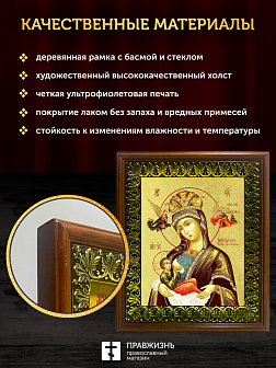 Икона Божией Матери Млекопитательница с золочением, деревянная рамка с басмой и стеклом 18х21х2,5 см