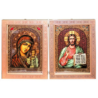 Венчальная пара больших подарочных икон ''Казанская икона Божией Матери'' и ''Господь Вседержитель'' на мореном дубе