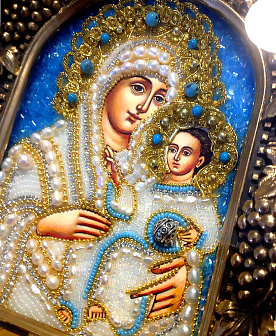 Икона Божия Матерь Вифлеемская, лазурит жемчуг
