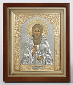 Икона в киоте 15х19 сложный, темпера, риза объёмная, никель, золочение Сергий Радонежский