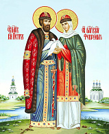 Икона "Петр и Феврония Муромские", свв. прпп. кн. и кнг., с золочением поталью, 09ПФ1-УЛ Икона "Петр и Феврония Муромские", свв. прпп. кн. и кнг., с золочением поталью, 09ПФ1-УЛ