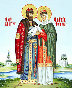Икона "Петр и Феврония Муромские", свв. прпп. кн. и кнг., с золочением поталью, 09ПФ1-УЛ Икона "Петр и Феврония Муромские", свв. прпп. кн. и кнг., с золочением поталью, 09ПФ1-УЛ