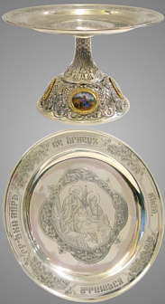 Дискос с поддискосником ручная гравировка, чеканка, 4-финифти / ф240мм / колос / золочение / серебро (УИН)