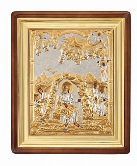 Икона живописная в киоте 85х105 масло объемная риза №172 золочение золоченый подрамник Илья Пророк