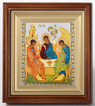 Икона в киоте 11х13 сложный, двойное тиснение Троица (Рублевская)