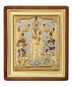 Икона живописная в киоте 60х75 масло, объемная риза №182 золочение, золоченый подрамник