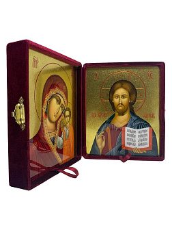 Венчальные иконы Спаситель и Казанская с золочением УЛ 9х10,5 в бархатном складне