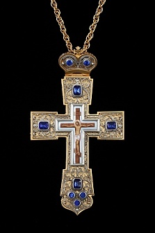 Крест наперсный филигрань №0028 двойной рант живопись /золочение,серебрение/