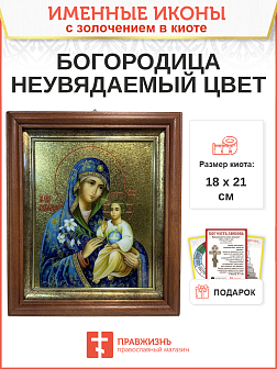 Икона Божией Матери Неувядаемый Цвет с золочением в киоте 18х21х4 см