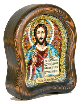 Икона ручной работы Господь Вседержитель из бисера и жемчуга