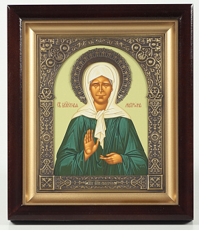 Икона в киоте 15х19 сложный, темпера, венчик, рамка фигурная, патинированая Матрона