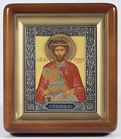 Икона в киоте 11х13 фигурный, темпера, риза, никель, эмаль Александр Невский