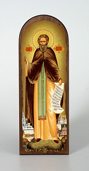 Икона на дереве 18х50 арочная, канвас, упаковка Сергий Радонежский