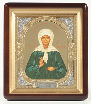 Икона в киоте 18х24 фигурный, темпера №8, риза-рамка объемная, открытая, золочёная, никелирование Матрона