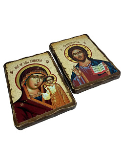 Венчальные иконы Спаситель и Казанская со вставкой металл на дереве под старину Византикос 13х15