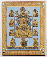 Икона на дереве 18*24 тиснение, лак, с ковчегом Знамение Курско-Корен. иконы на гол.фоне
