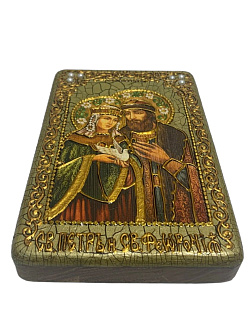 Настольная икона ''Петр и Февронья'' на мореном дубе