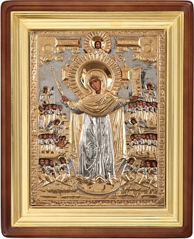 Икона живописная в киоте 50х70 масло, объемная риза №125 золочение, золоченый подрамник Всех скорбящих Радость