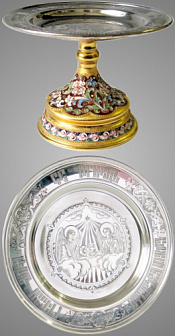 Дискос с поддискосником ручная гравировка, филигрань, эмаль, роспись / ф180мм-конус потира 0, 3л / золочение / серебро (УИН)