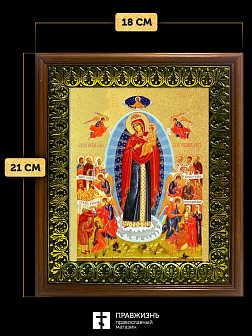 Икона Божией Матери Всех скорбящих Радость с золочением, деревянная рамка с басмой и стеклом 18х21х2 Икона Божией Матери Всех скорбящих Радость с золочением, деревянная рамка с басмой и стеклом 18х21х2