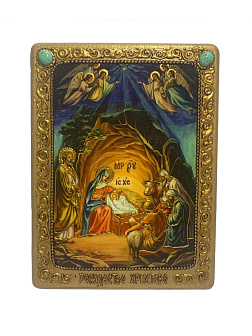 Настольная икона ''Рождество Господа Бога и Спаса нашего Иисуса Христа'' на мореном дубе
