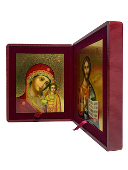 Венчальные иконы Спаситель и Казанская с золочением УЛ 9х10,5 в складне "тростник"