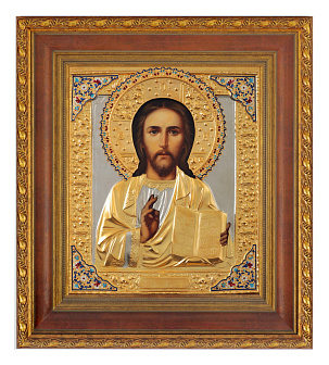 Икона живописная в киоте 24х30 масло, риза №24, матовое золочение, эмаль, киот №22 Спаситель Икона живописная в киоте 24х30 масло, риза №24, матовое золочение, эмаль, киот №22 Спаситель