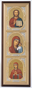 Икона в киоте 20х70 сложный, темпера, риза-рамка объемная, открытая, золочение, никелирование Спаситель 1- Казанская БМ 1- Семистрельная 1