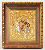 Икона живописная в киоте 24х30 масло, риза №113, матовое золочение, киот №22 Казанская БМ